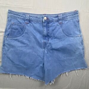 A-Lab Womens Y2K Denim Shorts Size 38 Blue Raw‎ Hem Rave Skater Graphic Patch